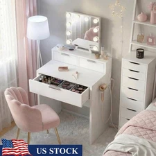 Girls Vanity Desk W/ Charging Station Hollywood Mirror & Hair Dryer Stand New