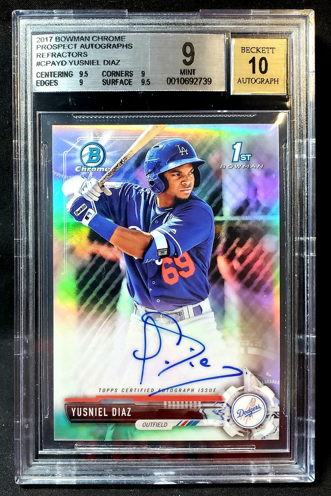 Yusniel Diaz (2017) Bowman Chrome RC REFRACTOR #SN /499 - BGS MINT 9 / AUTO 1O