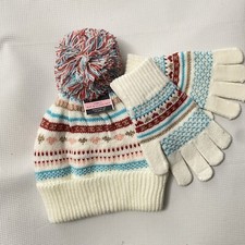 Girls Beanie Hat and Glove Set Pom Pom Hat Beige Pink Blue Knit West Loop New