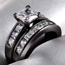 2Ct Princess Cut Lab-Created Diamond Wedding Bridal Ring Set Black Gold Plated 
