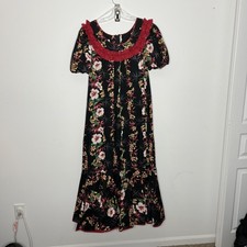 Good Times Dress Womens XL Black Floral Hawaiian Ruffle Kaftan Maxi Vtg Mumu