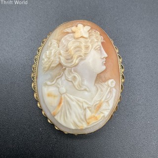 Antique Victorian 10K Yellow Gold Carved Shell Cameo Brooch Pendant 10.2g