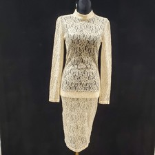 House Of Cb Lace Midi Dress Size S Sheer Metallic Gold Long Sleeve Fairy Glam