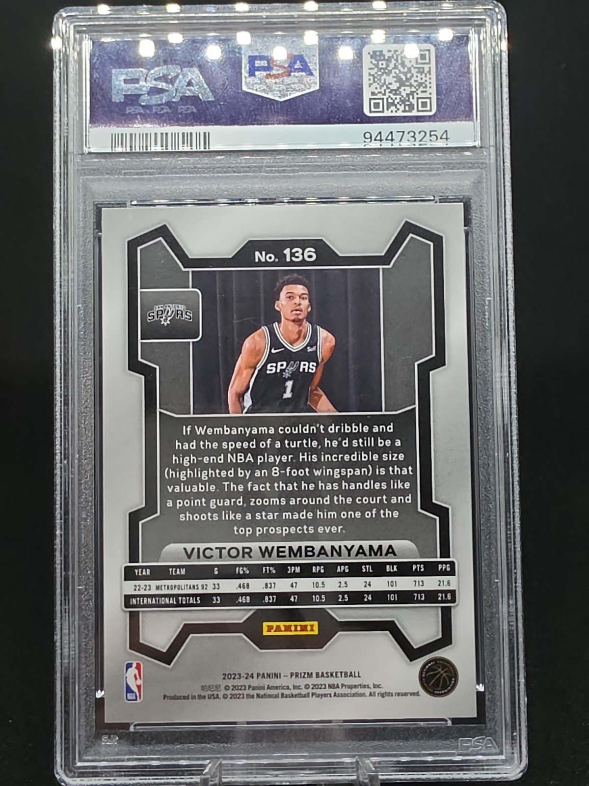 2023-24 Panini Prizm - Victor Wembanyama #136 (RC) PSA 10 Spurs view 2