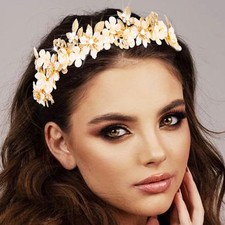 Gold Flower Pearl Bridal Headband Wedding Leaf Headpiece Bride Hair Accessory