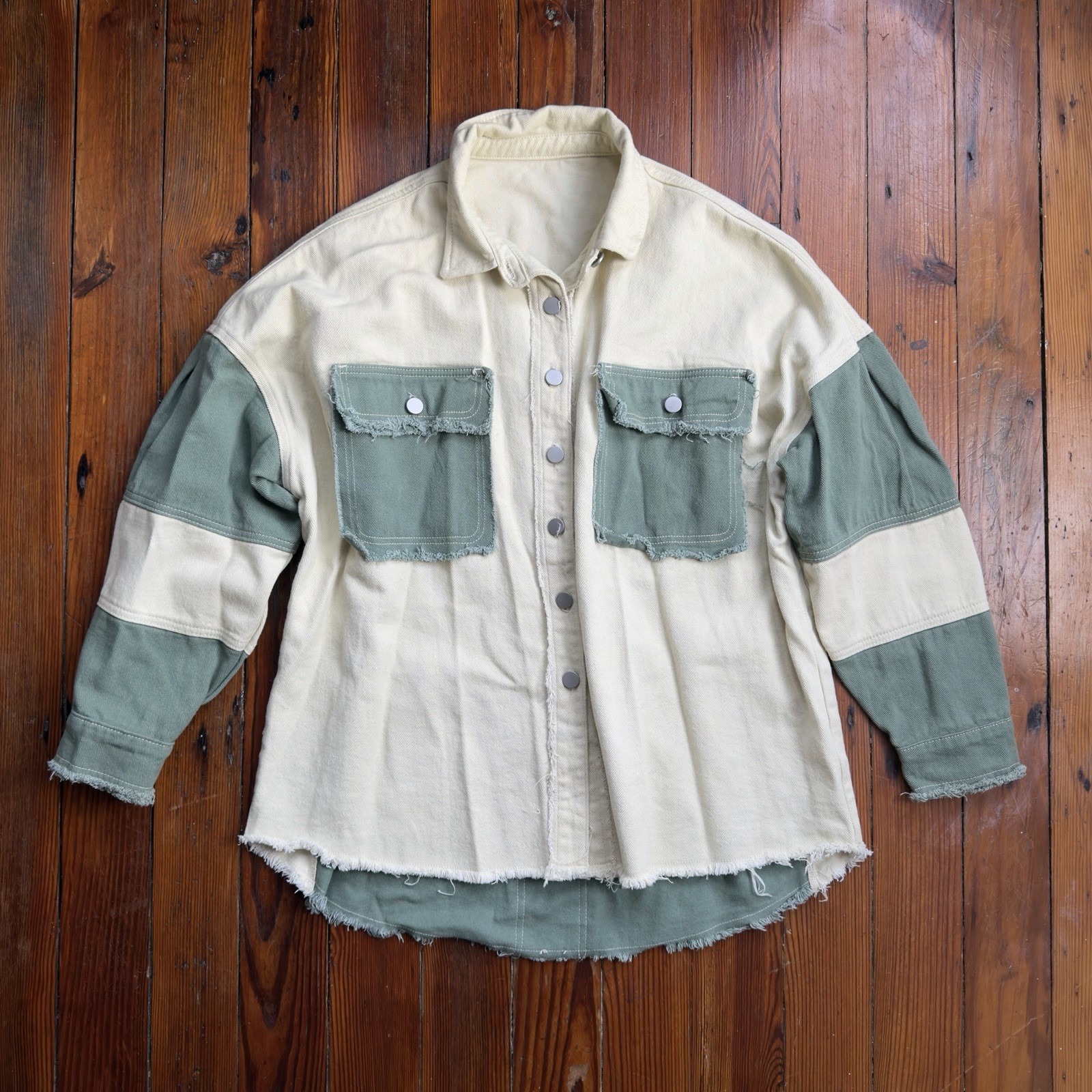 Dokotoo patchwork chore jacket shacket green crea… - image 1