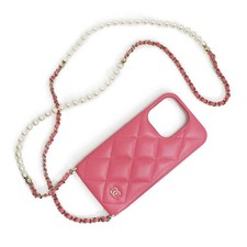 CHANEL Matelasse Pearl Chain iPhone 14 Pro Case Pink Lambskin AP3556