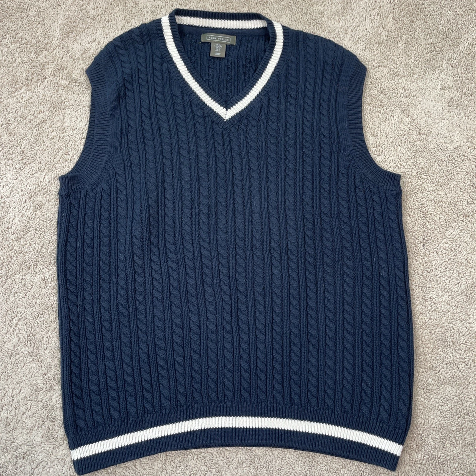 Rorie Whelan Sweater Vest Mens XL Navy White Cable Knit Tennis Prep Golf Preppy