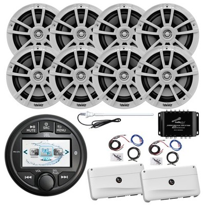 Marine AM/FM/WB Radio, 8x 6.5'' Speakers, 2x Amp w/Kit, Splitter, Antenna (White)