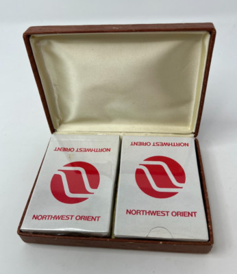 Vintage NOS Northwest Orient Airlines 2 Deck Playing Cards SEALED w/Worn Case