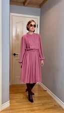 Vintage 1970s Jack Bryan Mauve Pink Pleated High Neck Long Sleeve Midi Dress S 