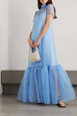 High Neck Sky Blue Sheer Organza Gown with Back Bow & Tie Wedding Evening Party