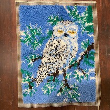 Vintage 80s Snow Owl Latch Hook Rug Blue White - Completed Approx 20  X 27  