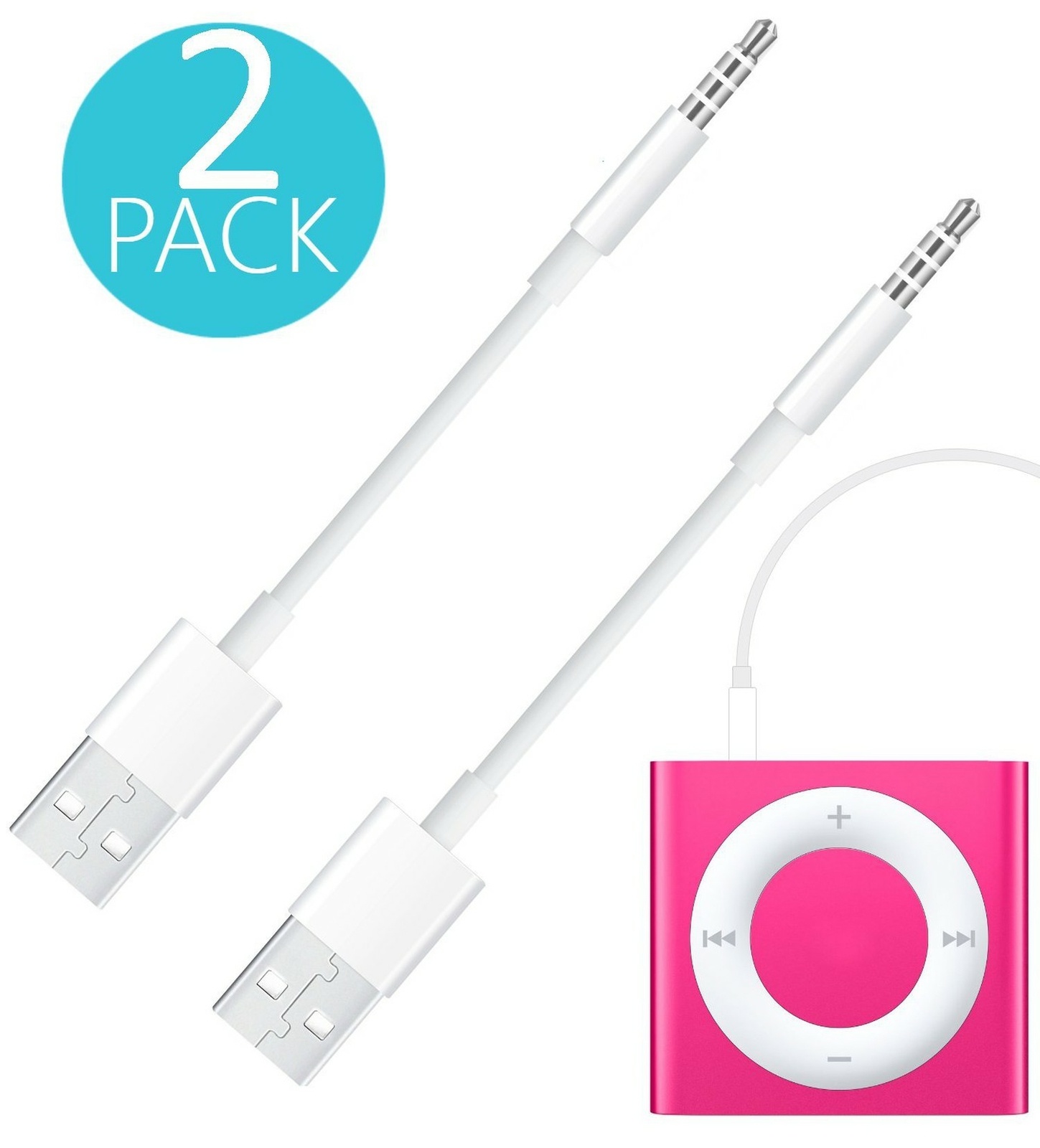 Shuffle Cable, 2 Pack 3.5mm Jack/Plug to USB USB Power Charger Sync Data