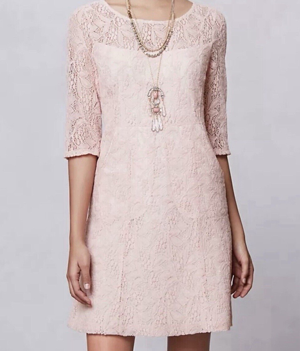 Maeve Anthropologie Lefkara Pink Lace 3/4 Sleeve Pockets Sheath Dress Small  | eBay