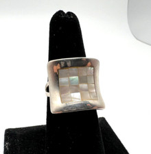 Vintage Sterling Silver Concaved Abalone Inlaid Ring Signed GSJ Sz 6.25