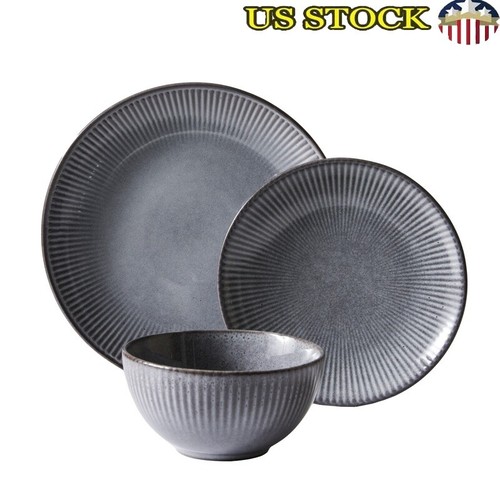 12-Piece Stoneware Dinnerware Set 4 Dishwasher Safe Elegant Ribbed Design New