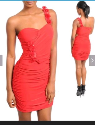 Black Koi One Shoulder Halter Neck Ruched Bodycon Mini Dress Floral Detail Red M