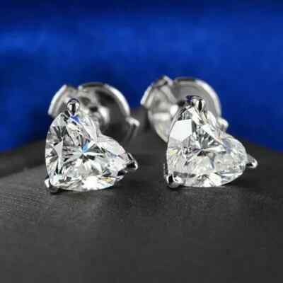 2.10Ct Real Moissanite Heart Cut Solitaire Stud Earrings 14K White Gold Plated