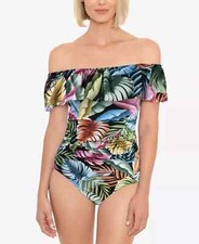 Swim Solutions EVENING PALM BLACK MULTI Tummy-Control One-Piece Swimsuit, US 10