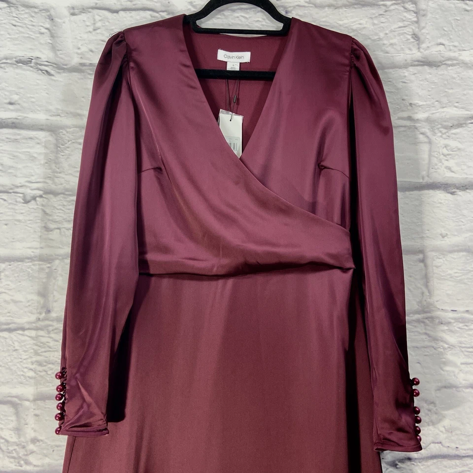 Vestido de satén para mujer Calvin Klein 8 borgoña manga larga imitación envoltura cuello en V nuevo con etiquetas Foto 2 de 4