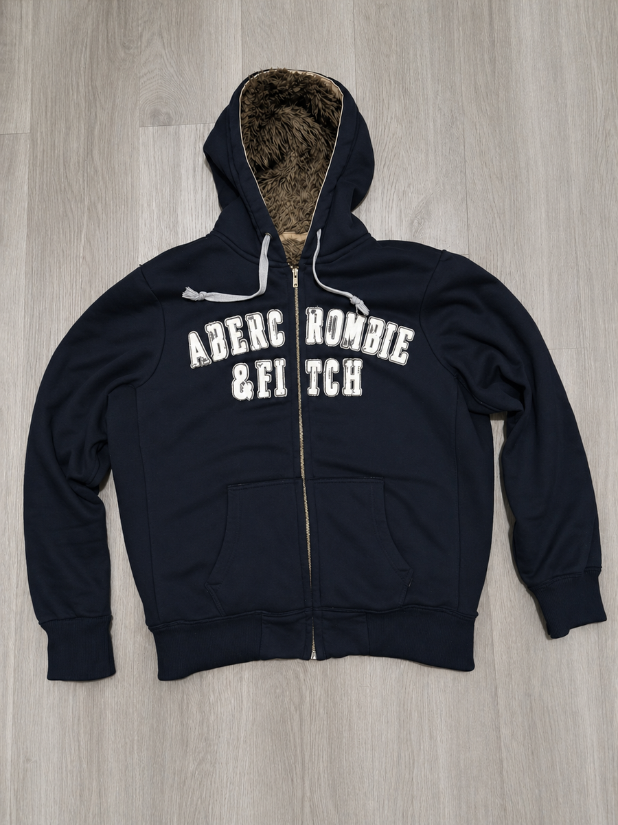 Y2k Abercrombie & Fitch Navy Blue Faux Fur Zip Hoodie Grunge Wolf