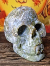Hand Carved Chunky Druzy Moss Agate Crystal Skull Carving 596g