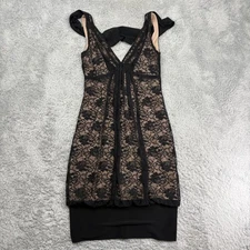 Lace Cocktail Dress Womens Small Black Nude Lined V Neck Sheath Bodycon Party