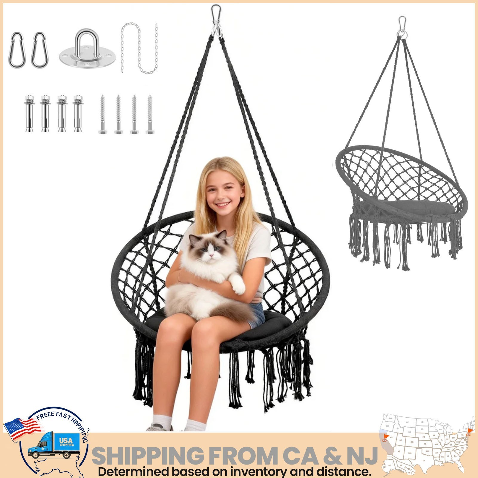 31.5" Hanging Macrame Swing With Hardware Kit For Home