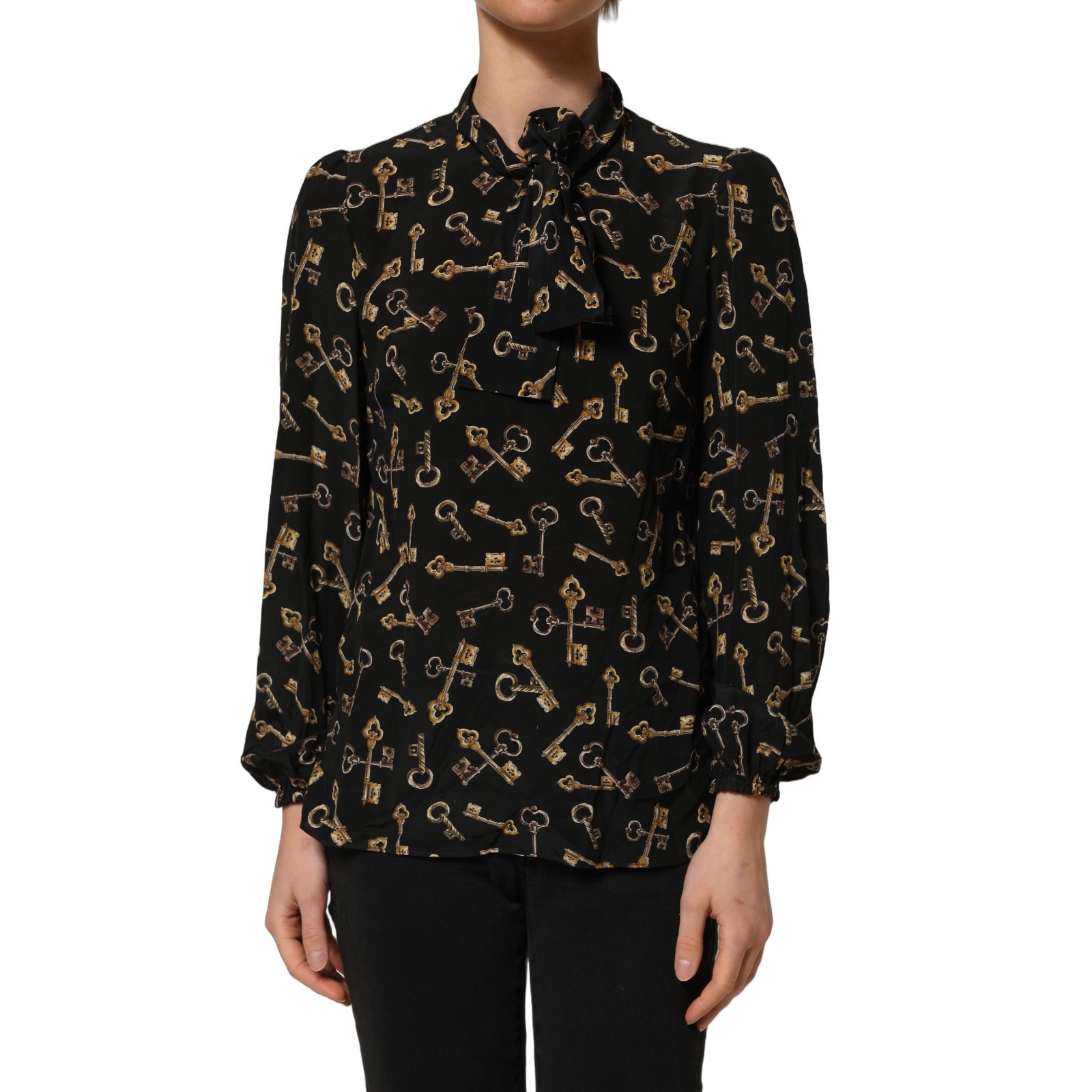 DOLCE & GABBANA Top Black Keys Print Silk Tie Neck Blouse IT40/US6/S RRP 1020usd