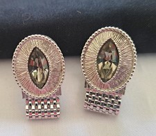 Vintage SWANK Silver Tone Smoky Gray Marquise Stone Mesh Cufflinks. Jewelry
