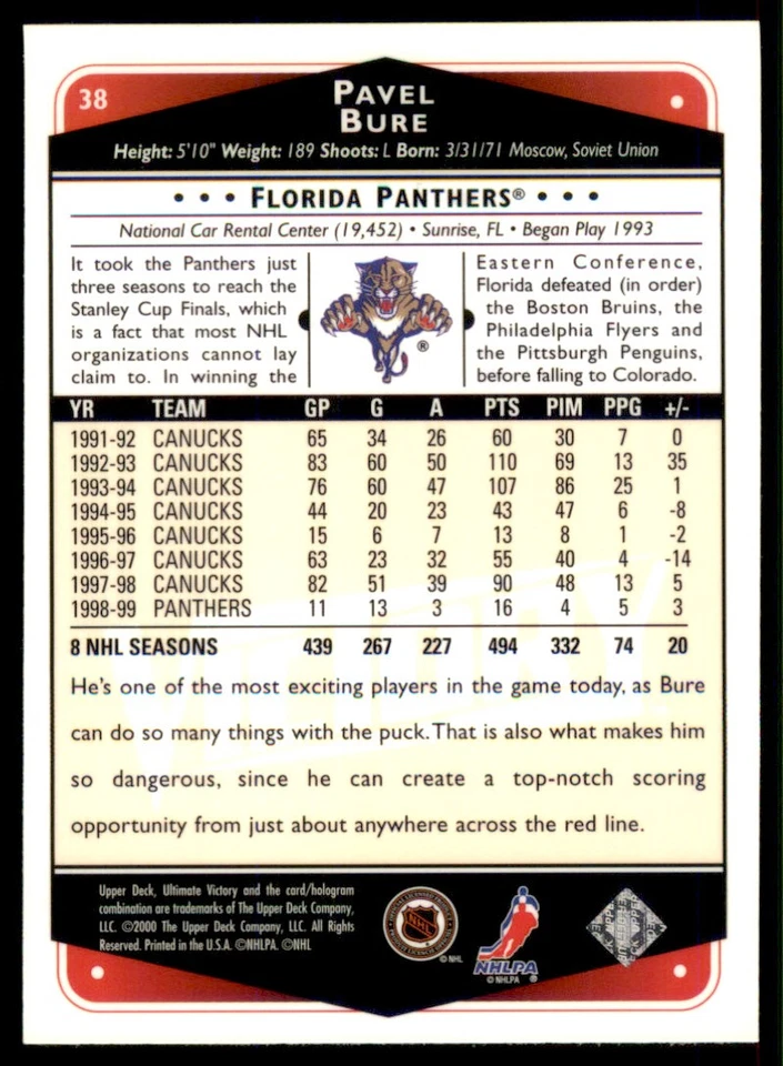 1999-00 Upper Deck Ultimate Victory #38 Pavel Bure Florida Panthers - Image 2 of 2