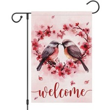 Welcome Valentines Garden Flag 12 x 18 Inch Double Sided Burlap, Love Birds