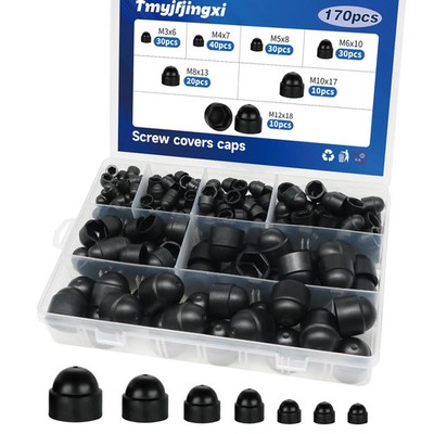 170PCS 7Sizes Plastic Screw Bolt Covers Caps Black Hex Nut Covers Caps M3 M4 M5