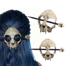 Cat Skull Hair Clip with Wooden Stick - Durable Gothic Bone Hair Accessory for W