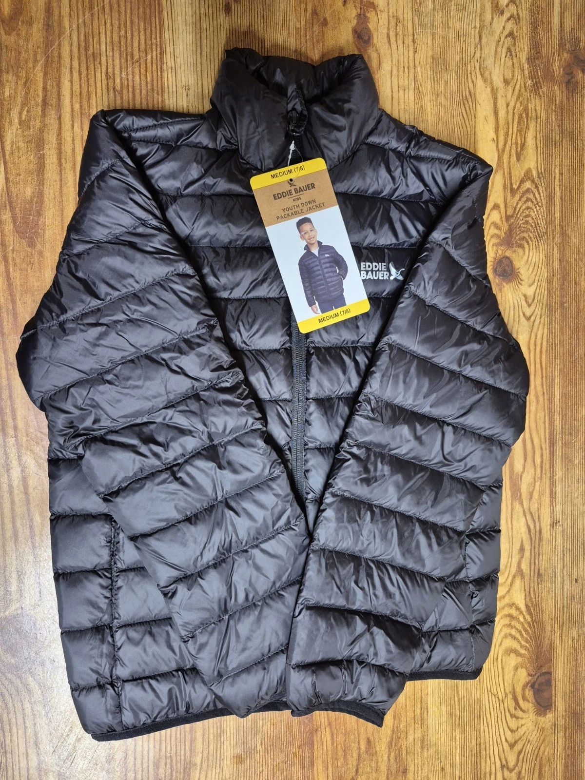 Eddie Bauer Boys Packable Down Jacket Size Medium (7-8) Black 650 NEW