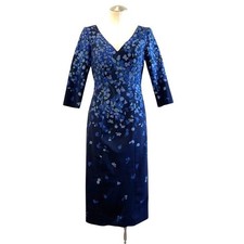 Carolina Herrera Sheath Dress Womens 8 Navy Blue Floral V-Neck 3/4 Sleeve Italy