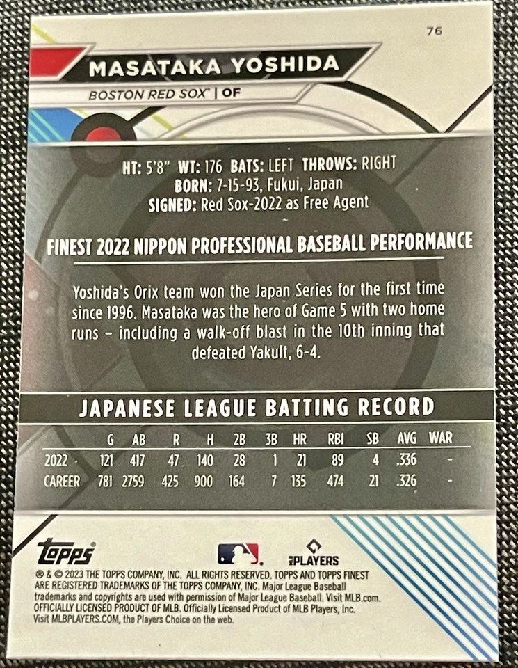 2023 Topps Finest Masataka Yoshida Rookie #76 Boston Red Sox RC - Image 2 of 2
