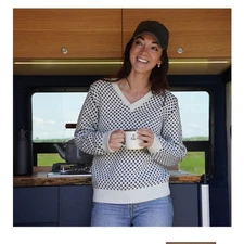 LONG WHARF Womens Osterville SeaWell Sweater Cream Fisherman Recycled Vneck XS