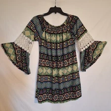 WinWin Pinwheel Sleeve Tunic Lace Insert Multi-colored Geometric Print L / XL