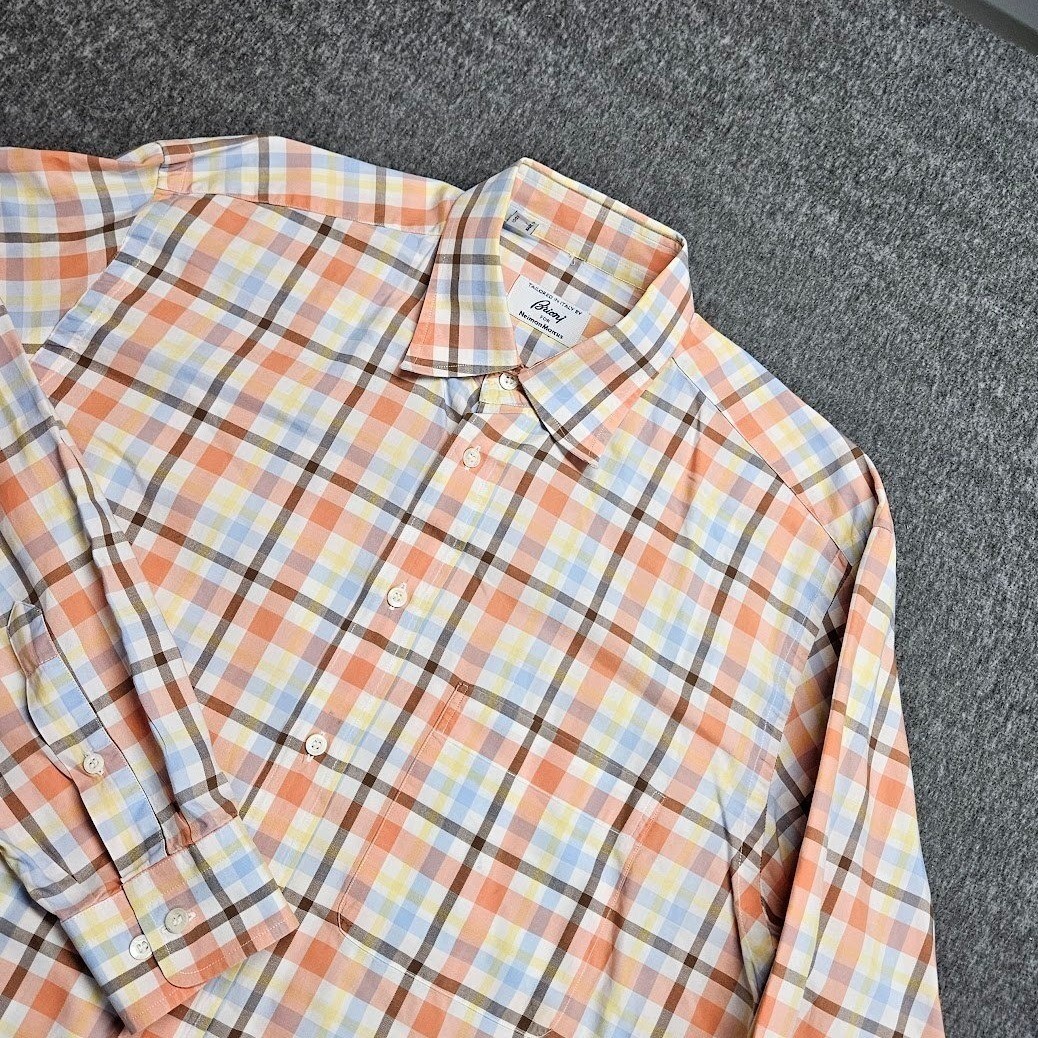 Brioni Shirt Mens L Orange Multi Color Plaid Cotton Long Sleeve Button Up Italy