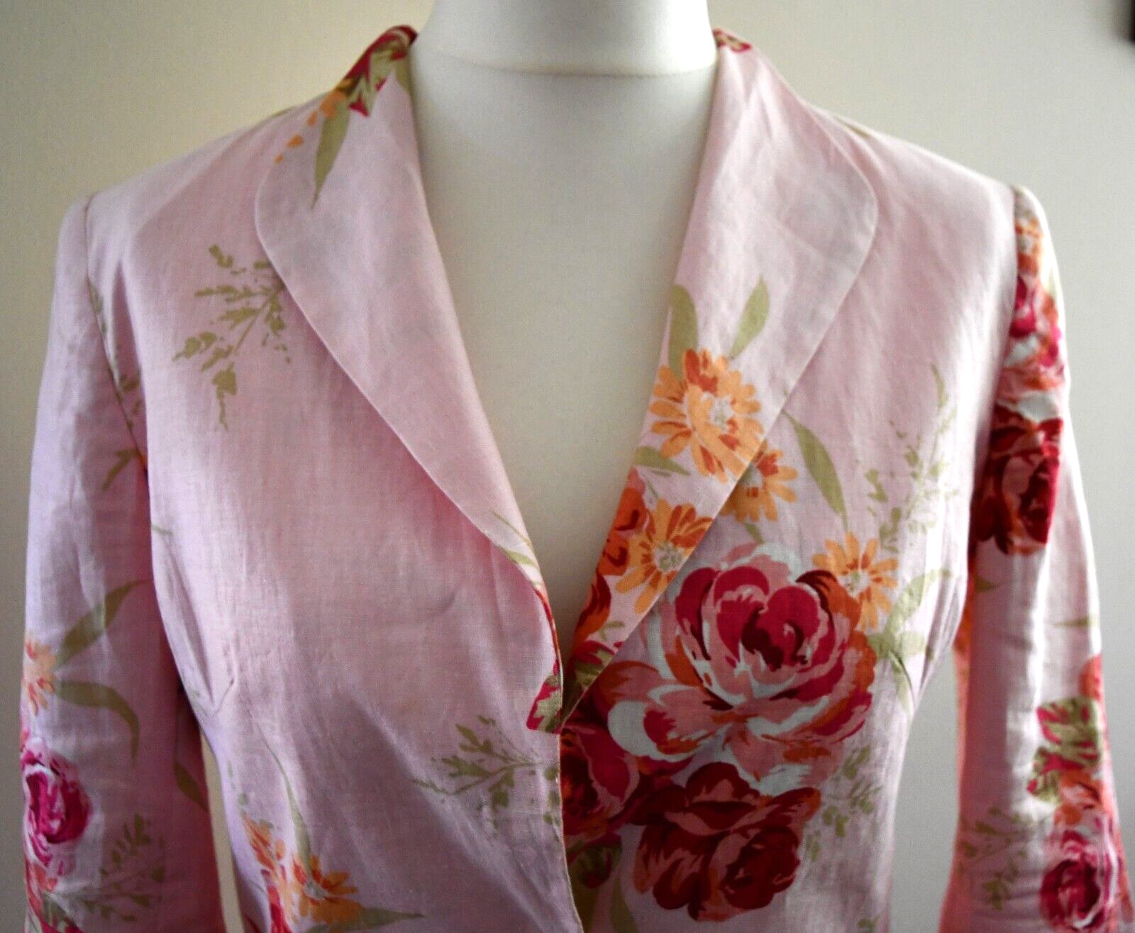 Laura Ashley Pink Floral Linen Jacket Size 14 Lined Gem