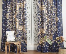 Indian Bohemian Mandala Floral Cotton Tapestry Curtain Panels Blue Gold 38x83
