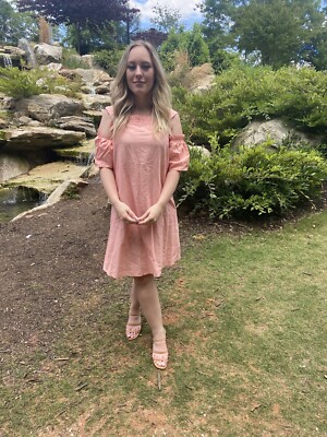 Pink Short Sleeve Off the Shoulder Denim Chambray Tunic Dress $20 Large 