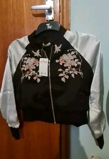 Ladies Full Zip Floral Embroidered Satin Bomber Jacket Size 8
