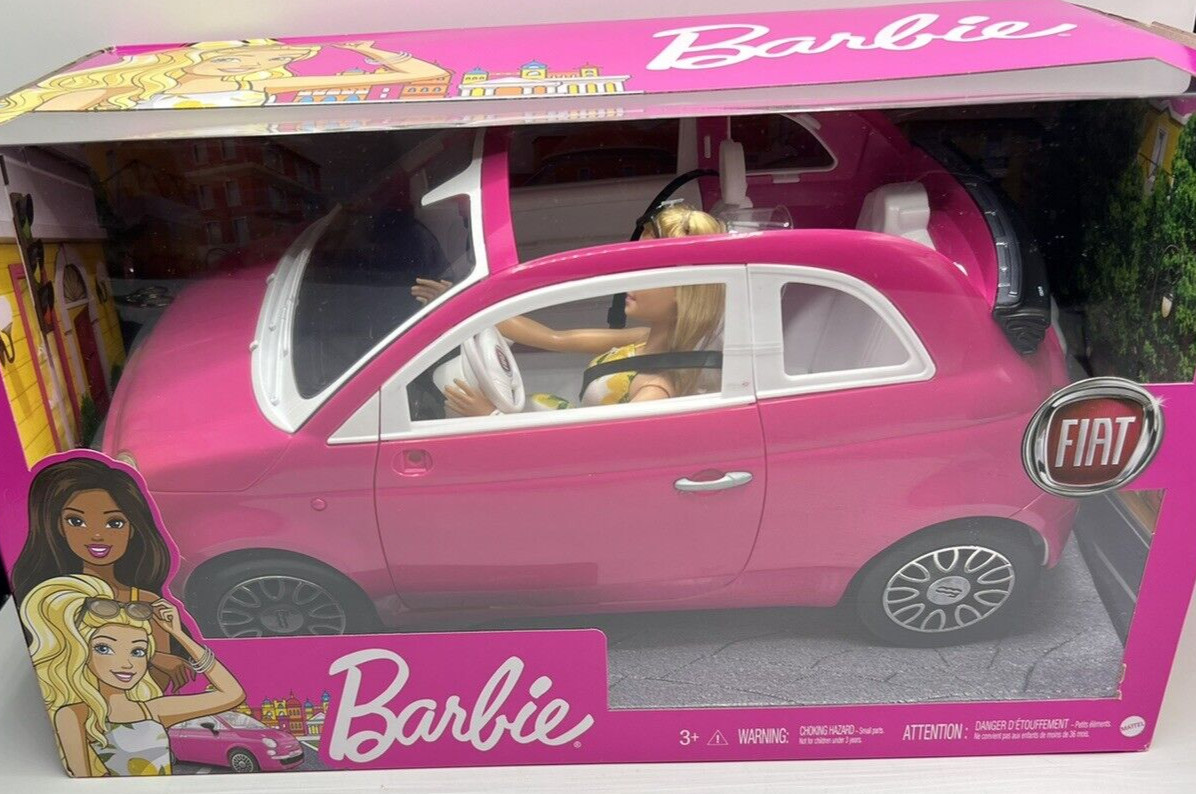 2020 Barbie Fiat 500 Car That Seats 4 & Fashion Doll Included Pink Car Age 3+