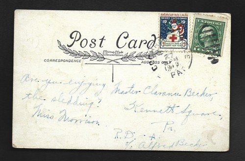 1919 New Year Greeting Postcard with Tied-On Red Cross Christmas Seal