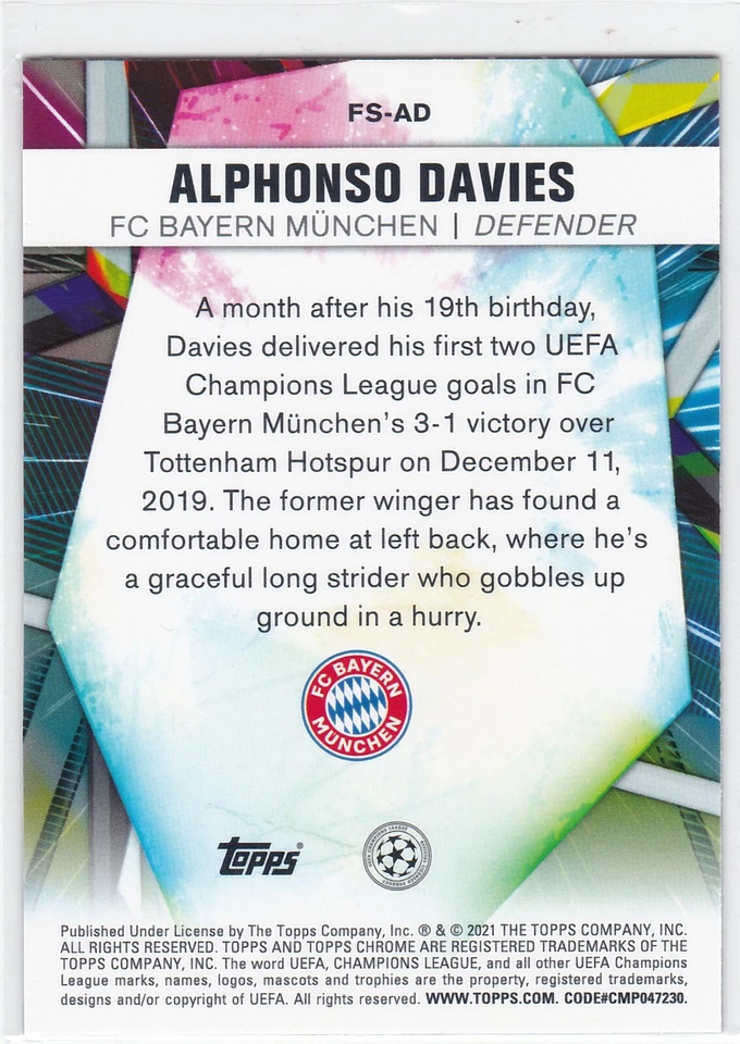 2020-21 Topps Chrome UCL Sapphire Future Stars #FS-AD Alphonso Davies - Image 2 of 2