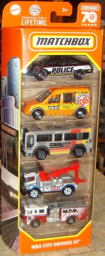 MATCHBOX 70 JAHRE - 5 STÜCK MBX CITY FAHRER INKL. FORD POLIZEI/TRANSIT/BUS/SCHLEPPWAGEN