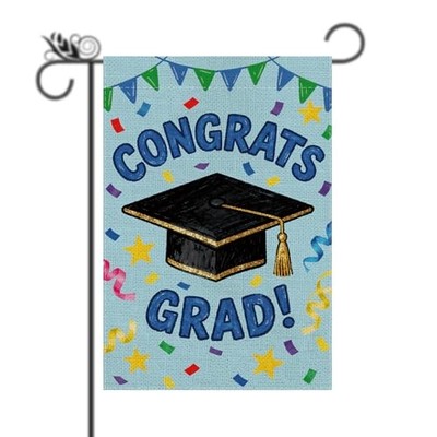 Congrats Grad Garden Flag Black Graduation Cap Burlap Vertical Double Sided